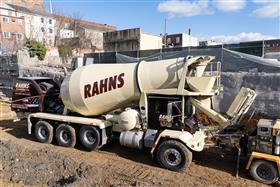 Rahns Concrete: A Rahns Concrete mixer delivering concrete to a job site.