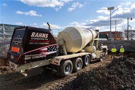 Rahns Concrete: A Rahns Concrete mixer delivering concrete to a job site.
