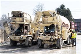 Rahns Concrete: Two mixers stand by waiting for loading.
