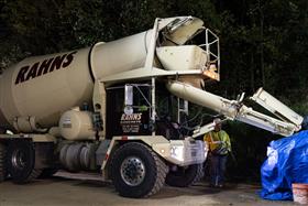 Rahns Concrete: A Rahns Concrete mixer delivering concrete to a job site.