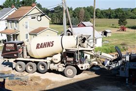 Rahns Concrete: A Rahns Concrete mixer delivering concrete to a job site.